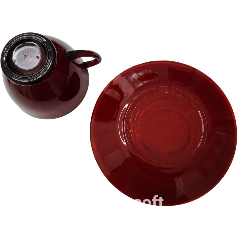 Antique Ruby Red Depression Glass Coffee Cup w Saucer, Set of 4 - Picture 6 of 6